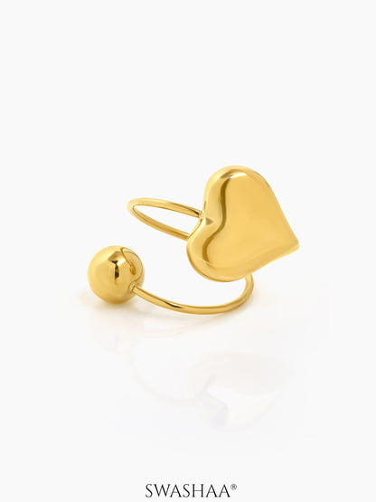Reemi Puffed Glossy Heart Charm Round Bead 18K Gold Plated Ring