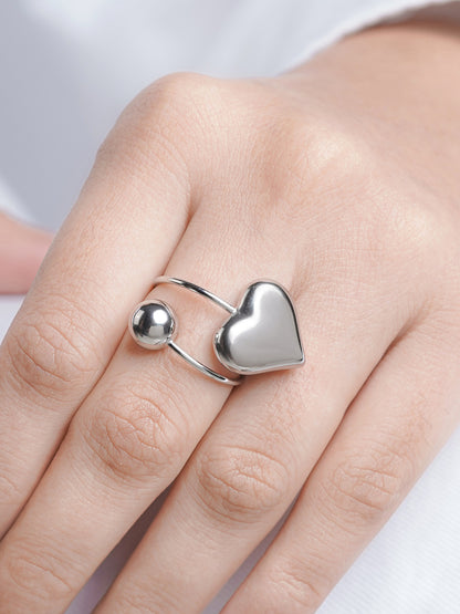 Reemi Puffed Glossy Heart Charm Round Bead Silver Ring