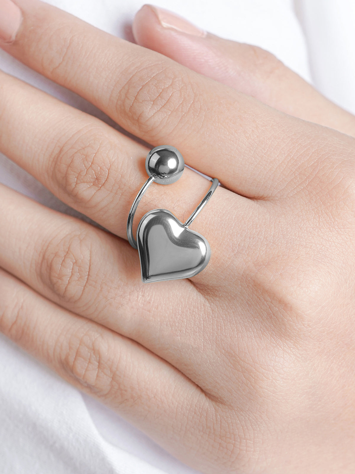 Reemi Puffed Glossy Heart Charm Round Bead Silver Ring