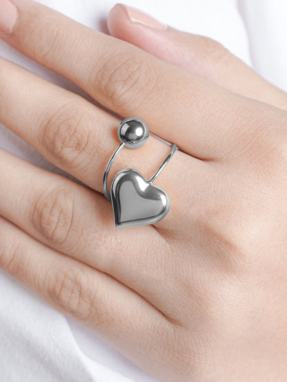Reemi Puffed Glossy Heart Charm Round Bead Silver Ring