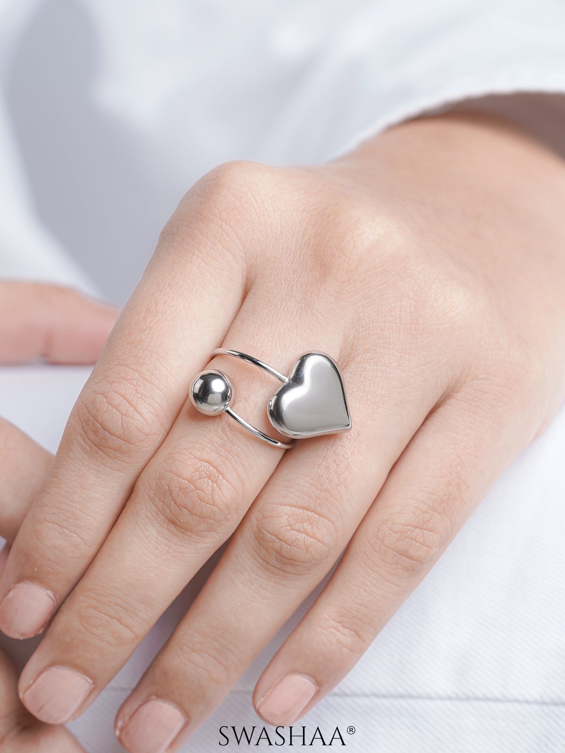Reemi Puffed Glossy Heart Charm Round Bead Silver Ring