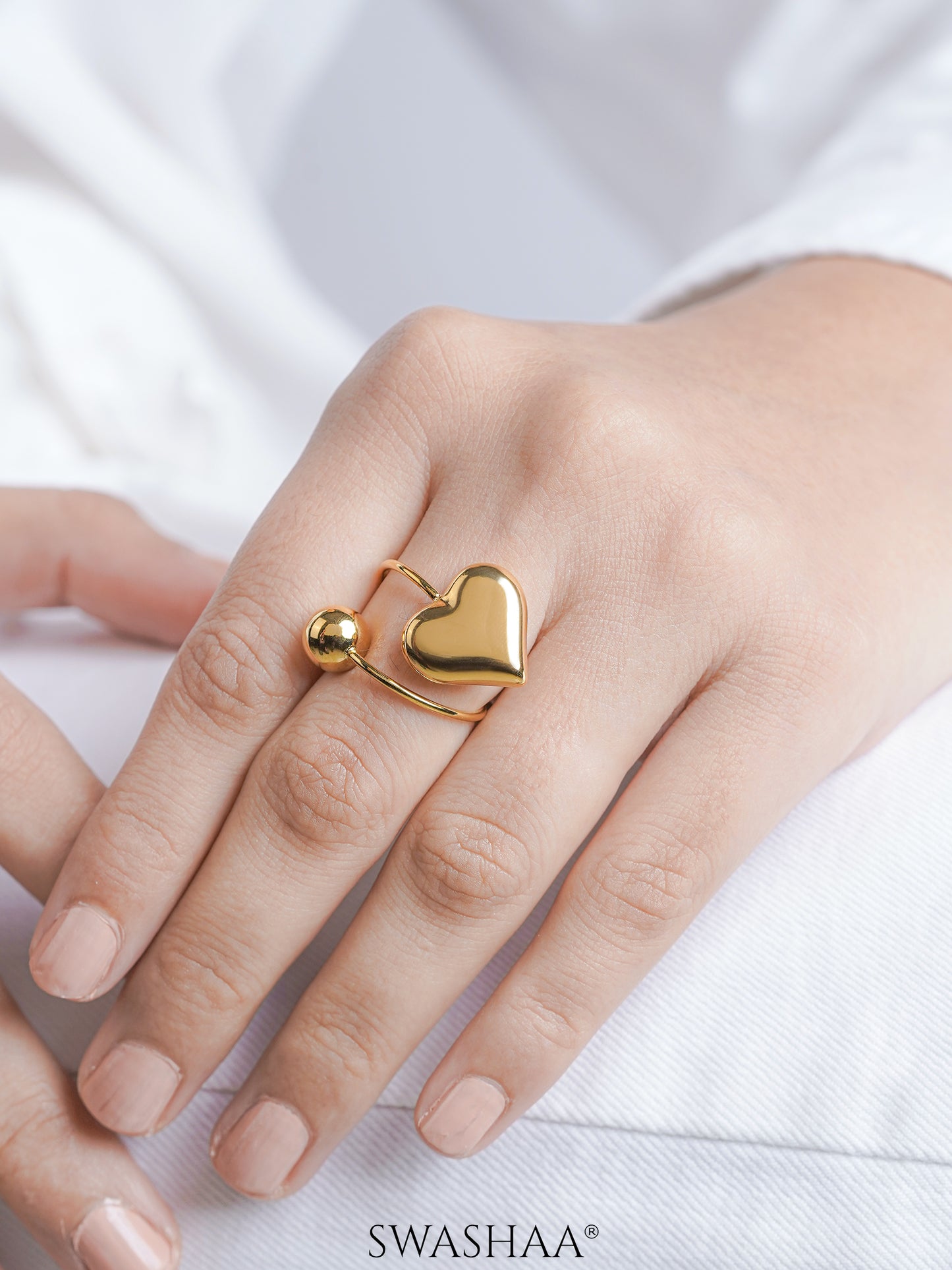 Reemi Puffed Glossy Heart Charm Round Bead 18K Gold Plated Ring