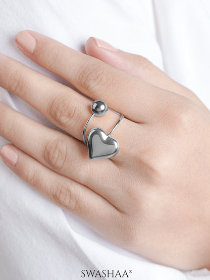 Reemi Puffed Glossy Heart Charm Round Bead Silver Ring
