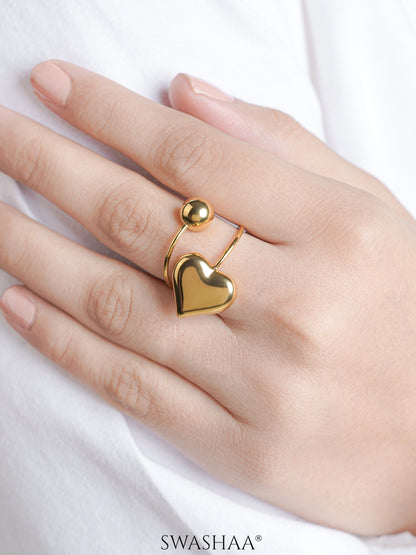 Reemi Puffed Glossy Heart Charm Round Bead 18K Gold Plated Ring
