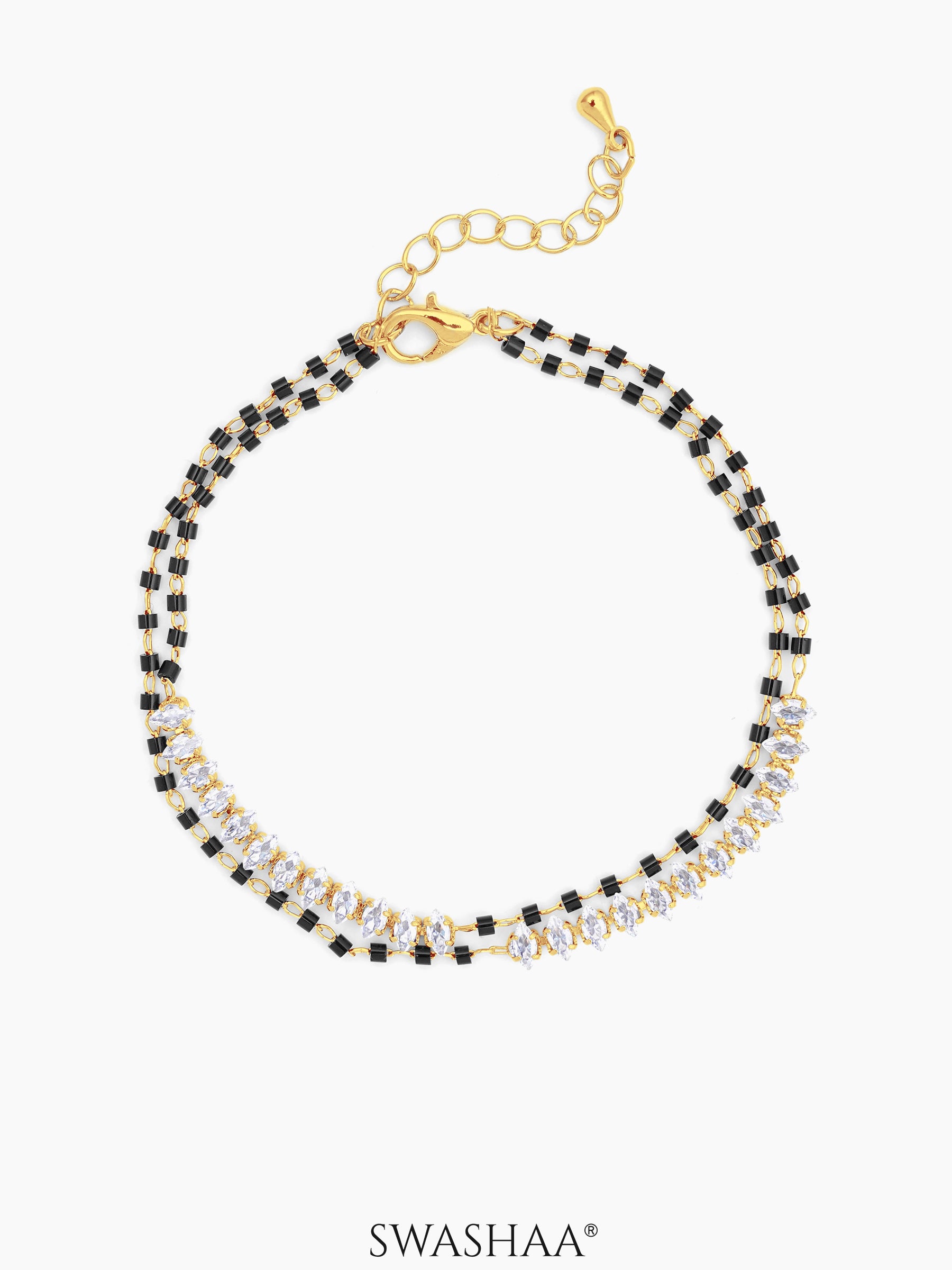 Rehaa Marquise Sparkling White Diamond Sparkling White Stones Double Layered 18K Gold Plated Mangalsutra Bracelet
