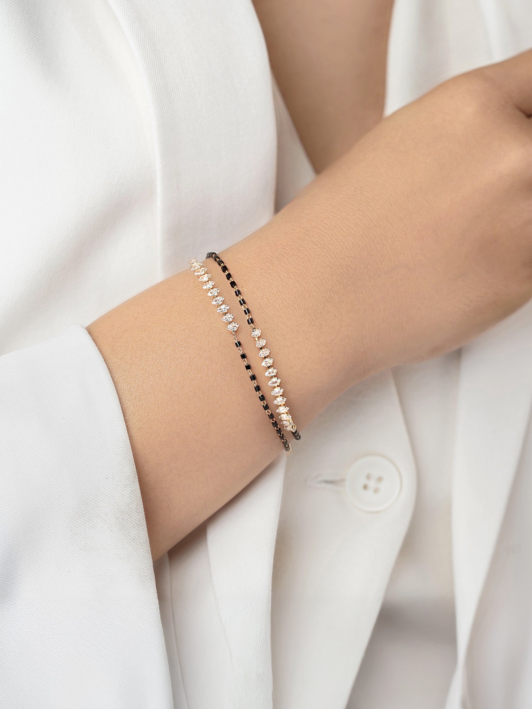 Rehaa Marquise Sparkling White Diamond Sparkling White Stones Double Layered 18K Gold Plated Mangalsutra Bracelet