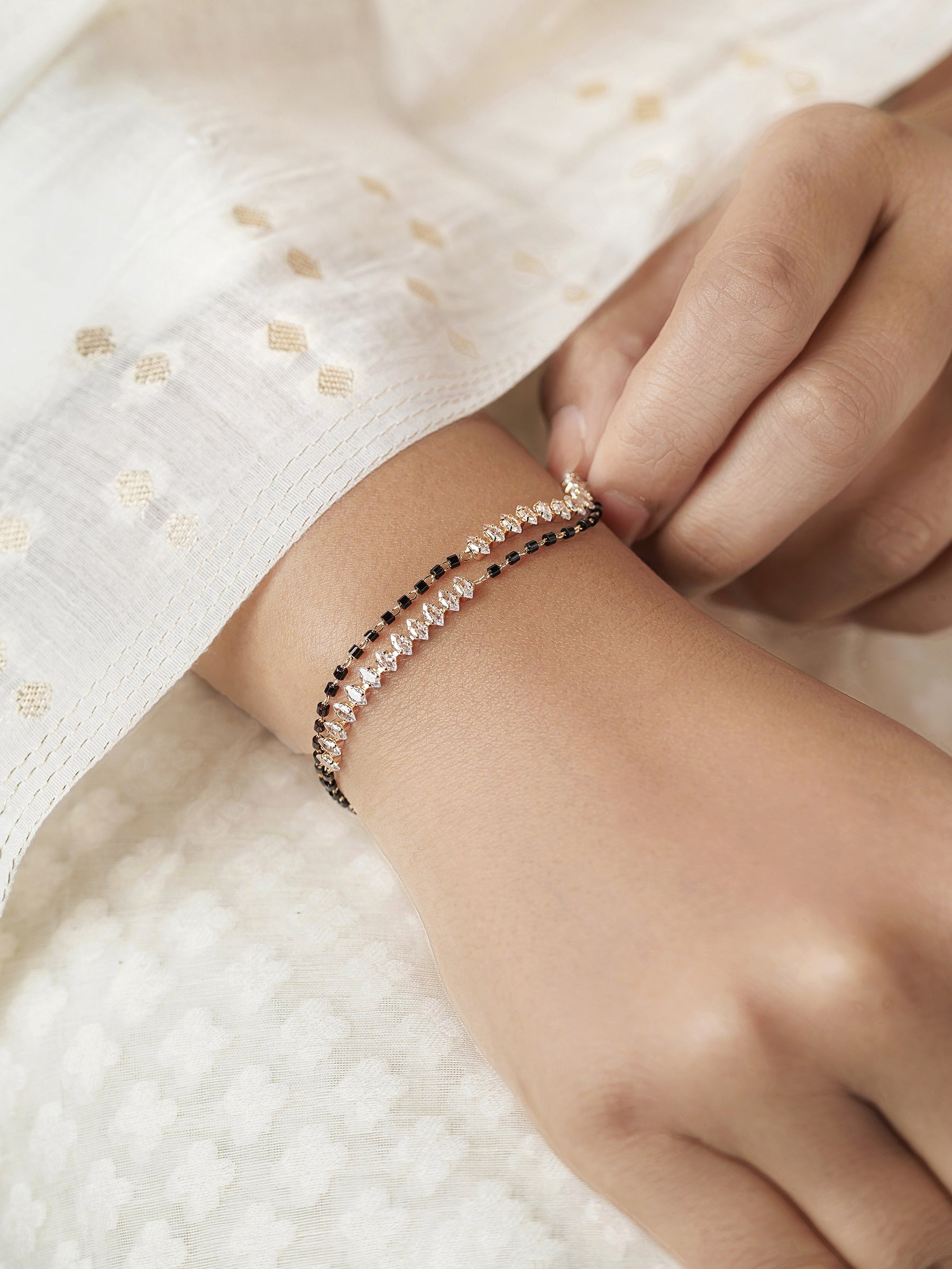 Rehaa Marquise Sparkling White Diamond Sparkling White Stones Double Layered 18K Gold Plated Mangalsutra Bracelet