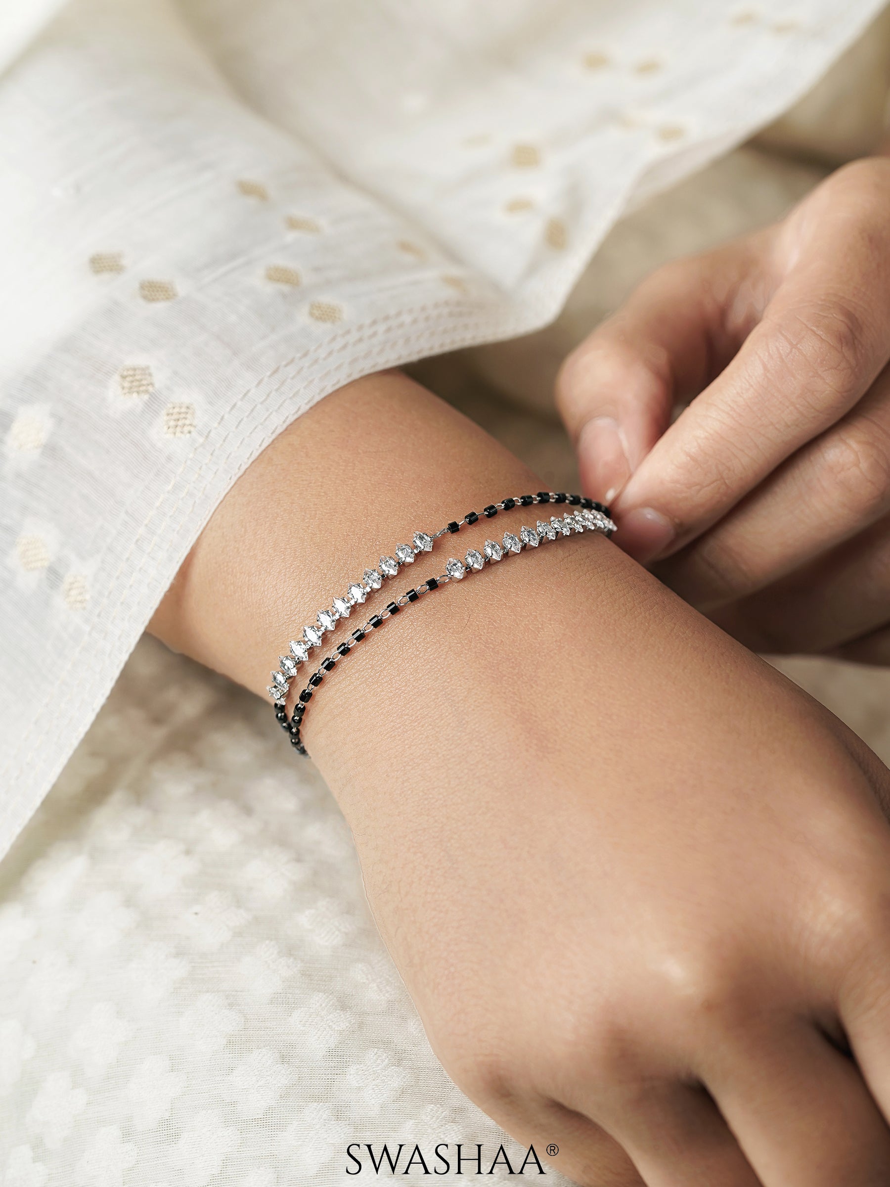 Rehaa Marquise Sparkling White Diamond Stones Double Layered Silver Mangalsutra Bracelet