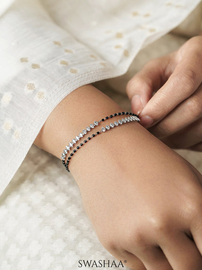 Rehaa Marquise Sparkling White Diamond Stones Double Layered Silver Mangalsutra Bracelet