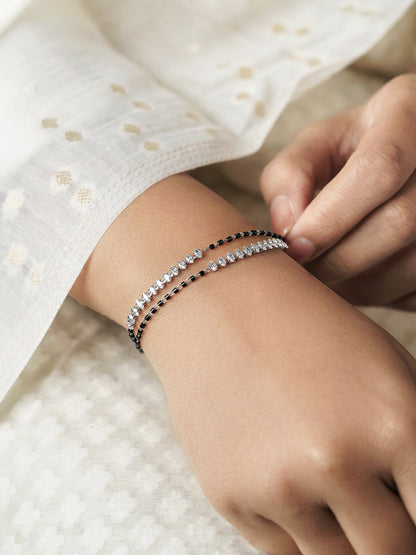 Rehaa Marquise Sparkling White Diamond Stones Double Layered Silver Mangalsutra Bracelet