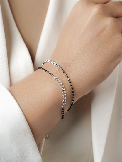 Rehaa Marquise Sparkling White Diamond Stones Double Layered Silver Mangalsutra Bracelet