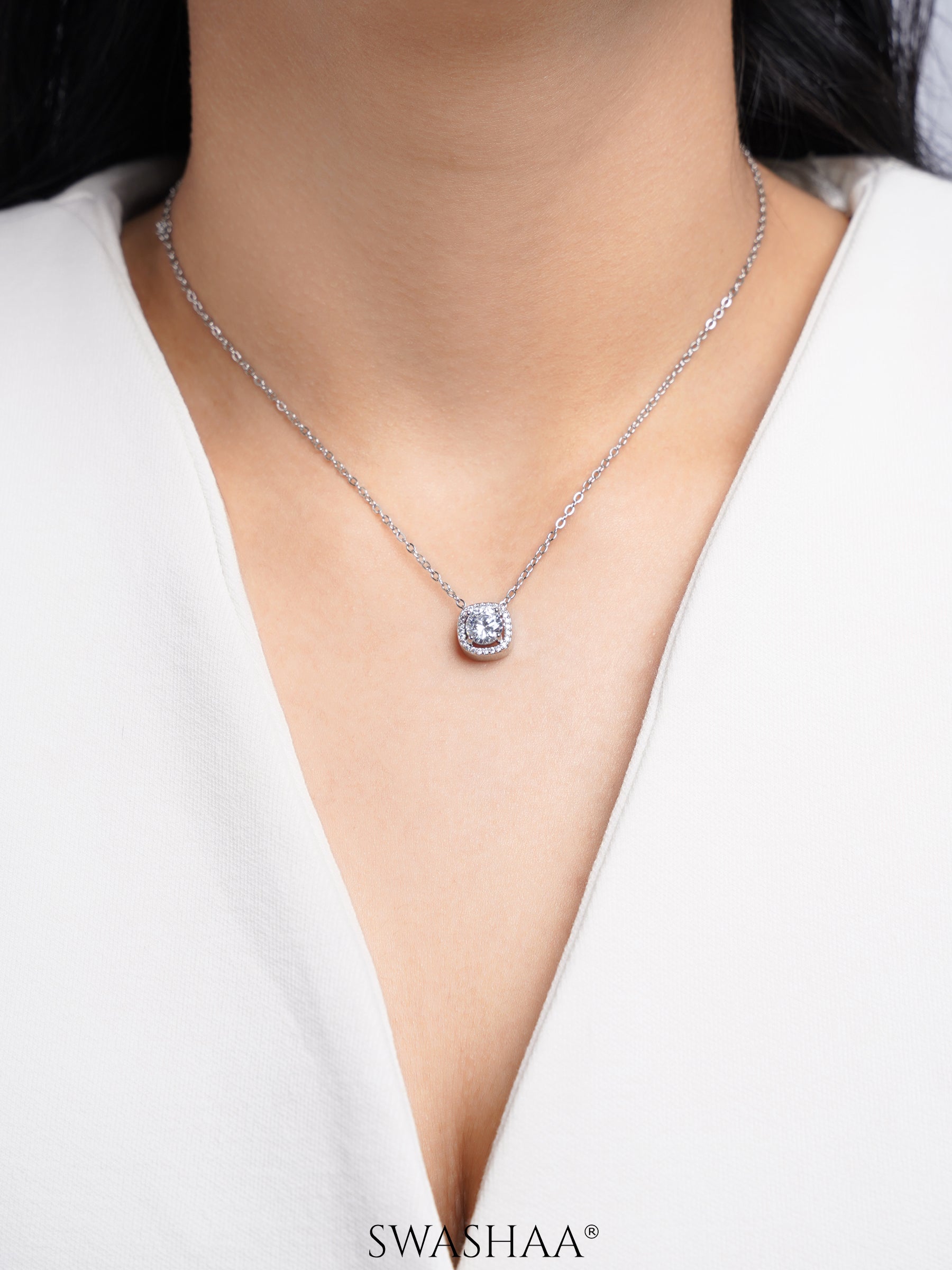 Reine Solitaire Diamond Silver Necklace