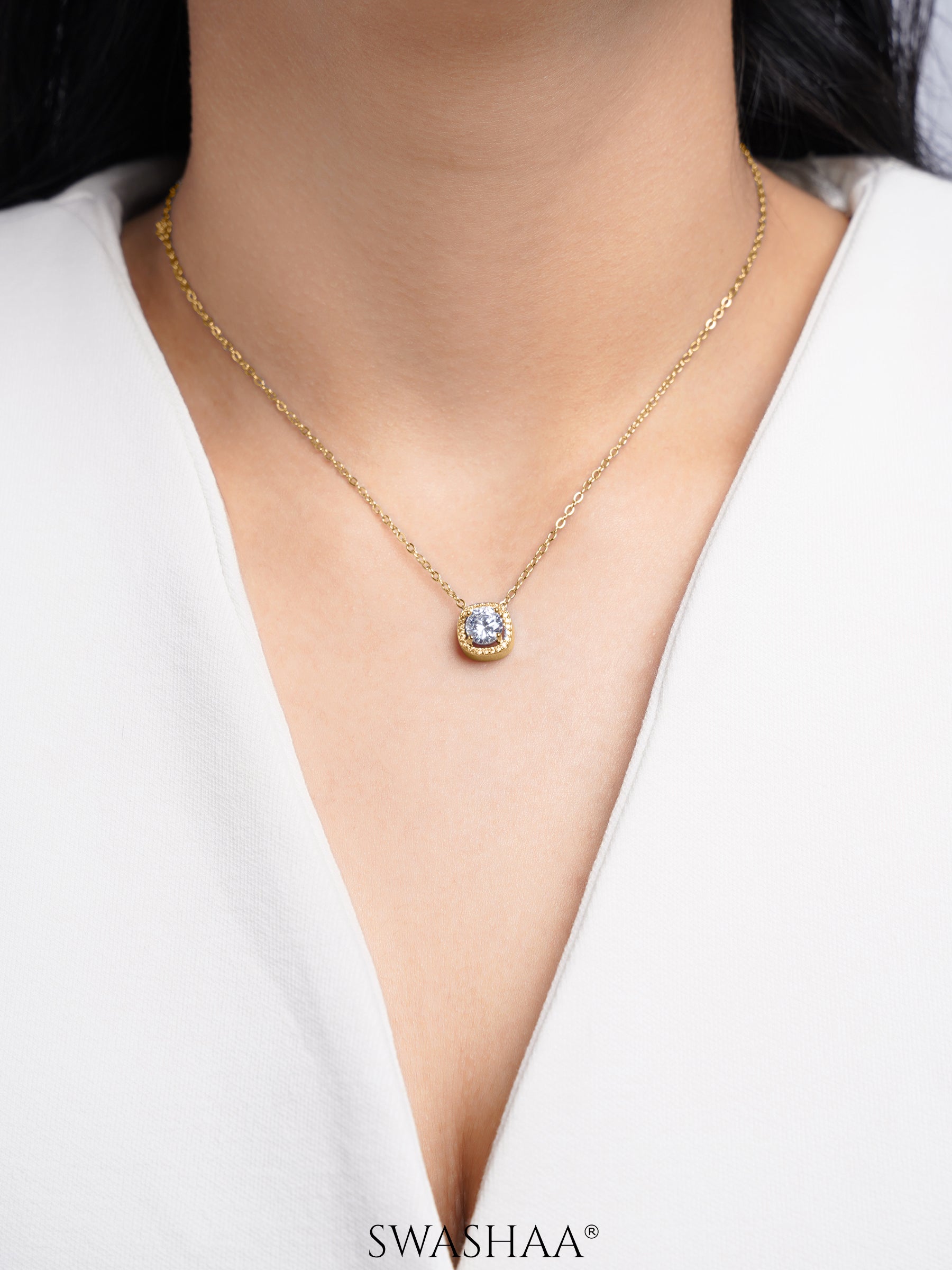 Reine Solitaire Diamond 14K Gold Plated Necklace