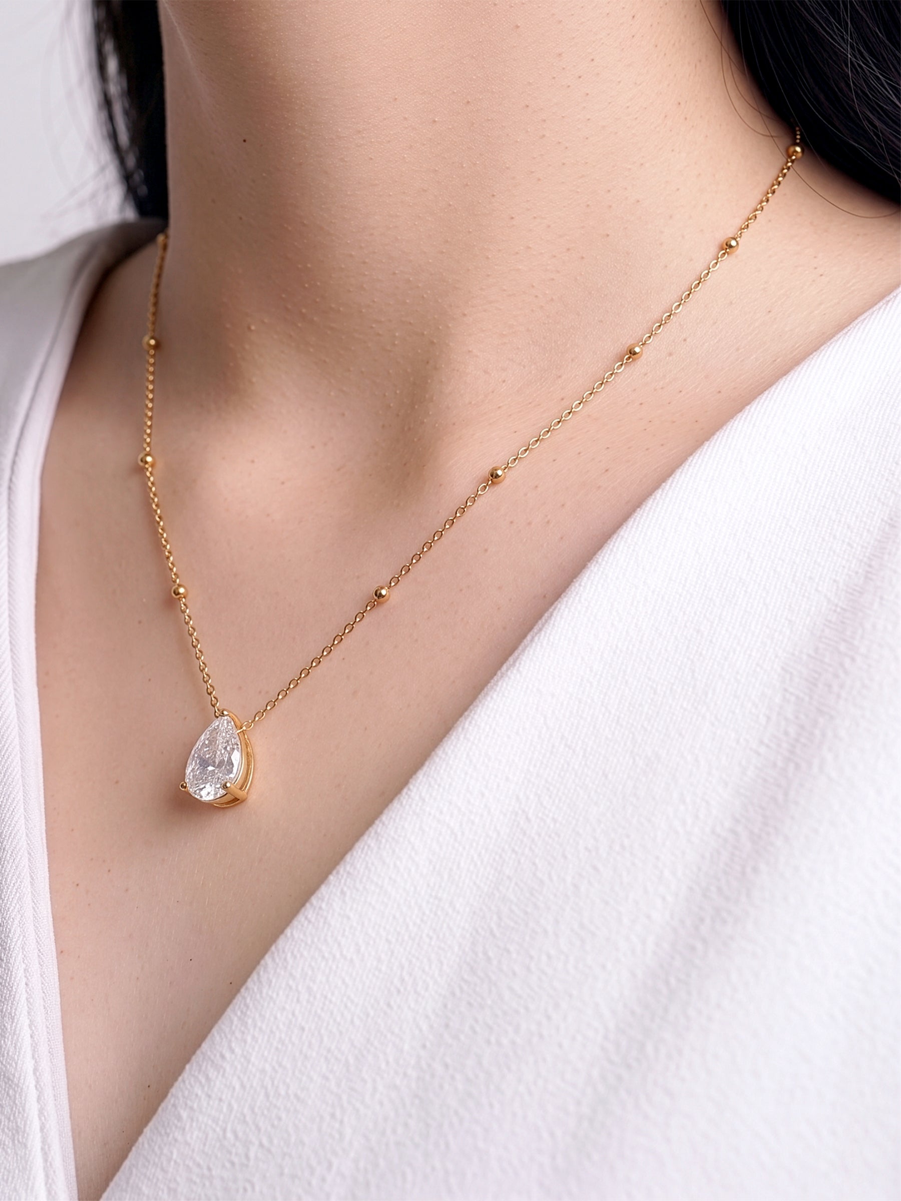 Renita Pear Drop Diamond Solitaire 18K Gold Plated Women's Chain Pendant Necklace