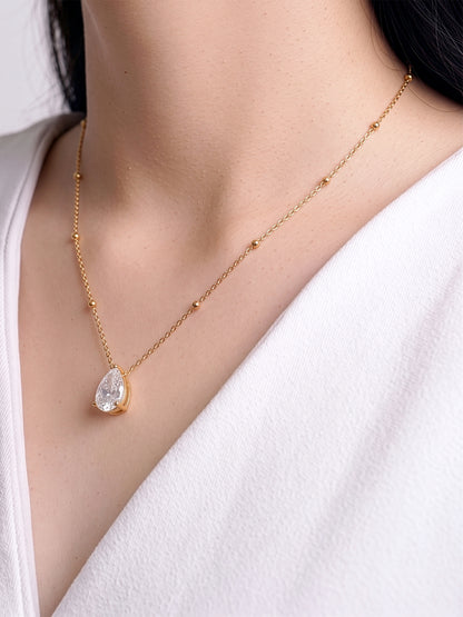 Renita Pear Drop Diamond Solitaire 18K Gold Plated Women's Chain Pendant Necklace