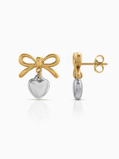 Renora Bow Heart Charm Drop Dangling 18K Gold Plated Silver Women's Earrings