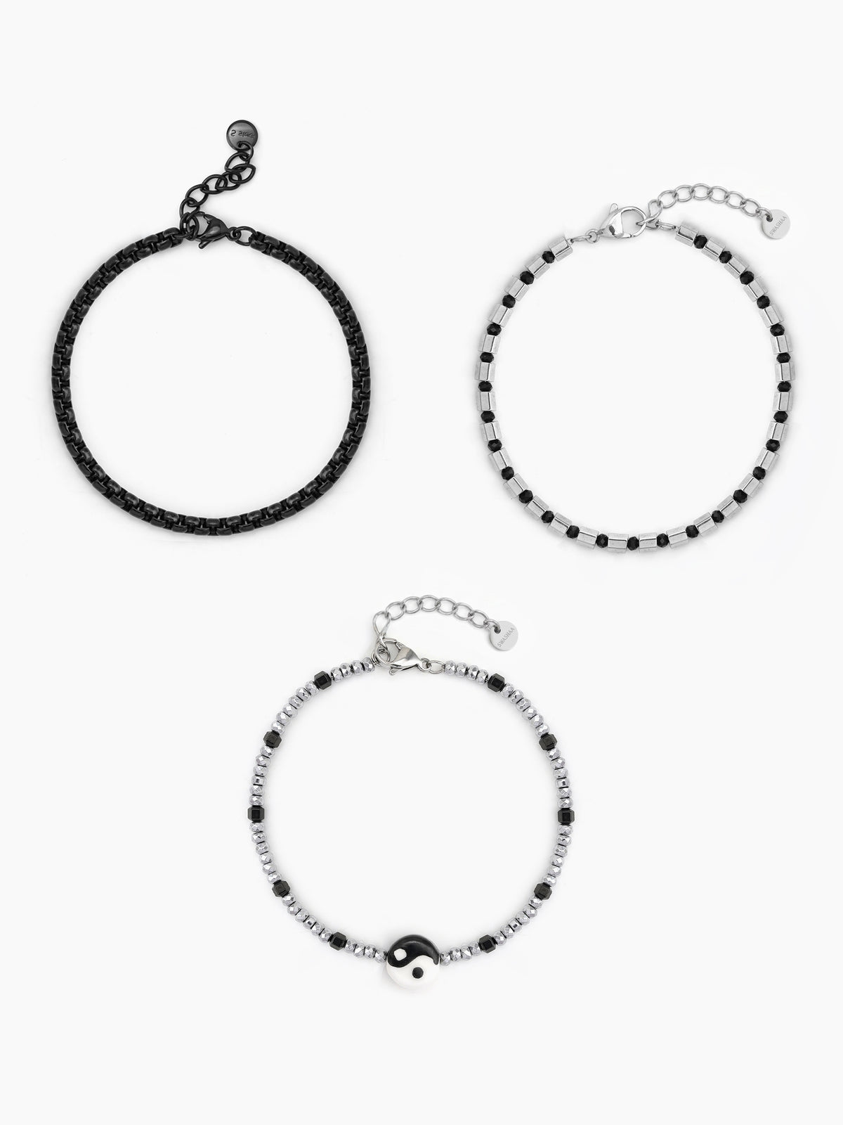 Renvar Box Chain Beaded Charm Black - Silver Men's Bracelet Set