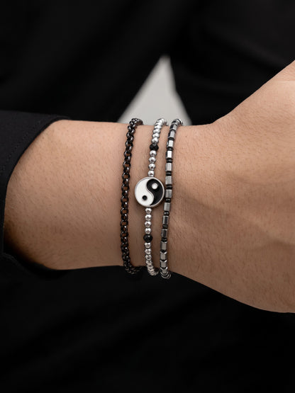 Renvar Box Chain Beaded Charm Black - Silver Men's Bracelet Set