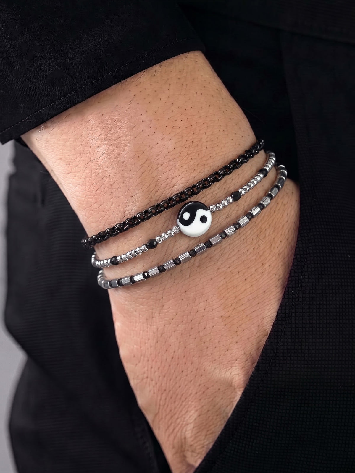 Renvar Box Chain Beaded Charm Black - Silver Men's Bracelet Set