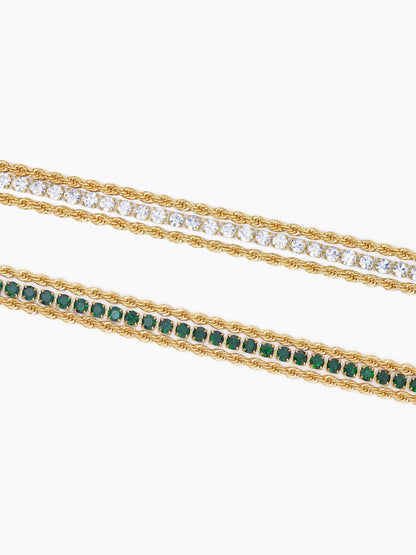 Reya White-Green Diamond Charms Layered Rope 18K Gold Plated Loose Bracelet