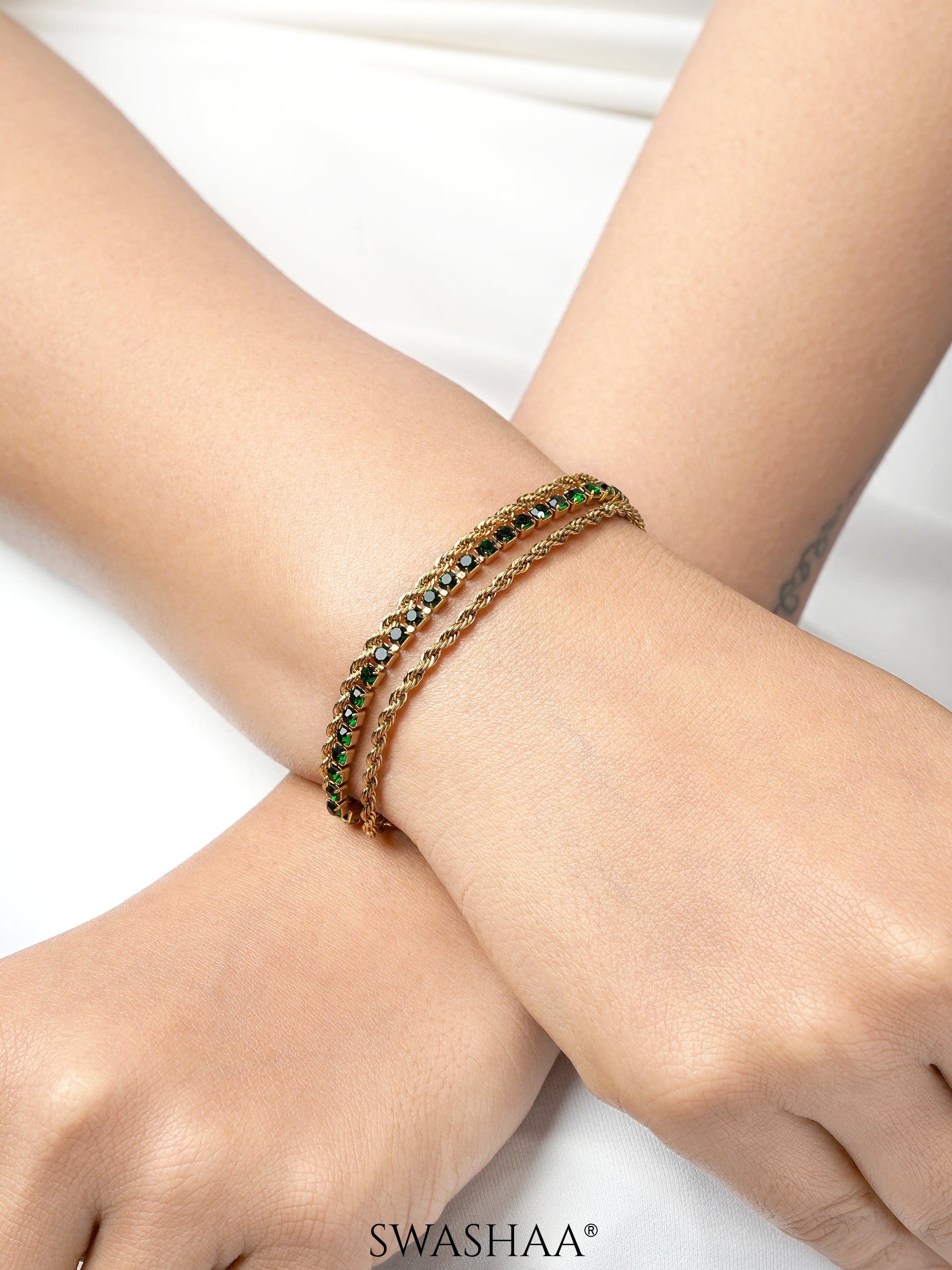 Reya Green Diamond Charms Layered Rope 18K Gold Plated Loose Bracelet