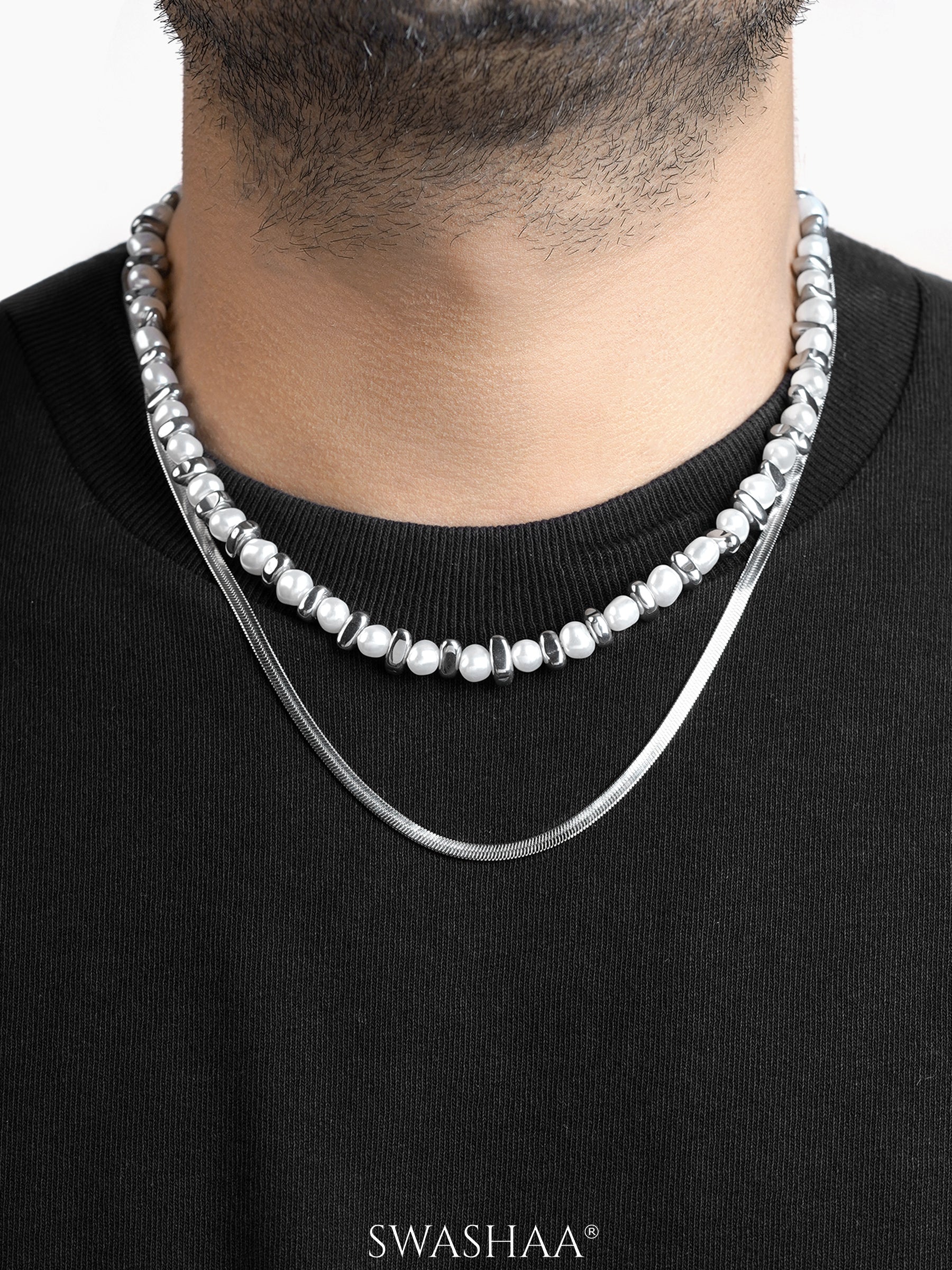 Rian Beaded Layered Men's Silver Chain