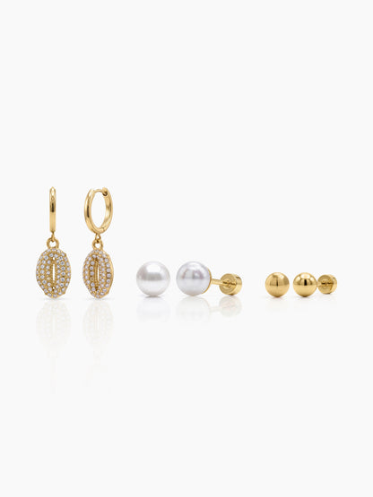Rielle Diamond Drop Pearl Bead  18K Gold Plated Women's Earring Set
