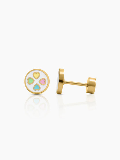 Rimi Heart Clover Charm 18K Gold Plated Kid's Stud Earrings