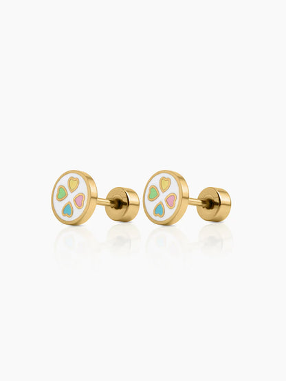 Rimi Heart Clover Charm 18K Gold Plated Kid's Stud Earrings