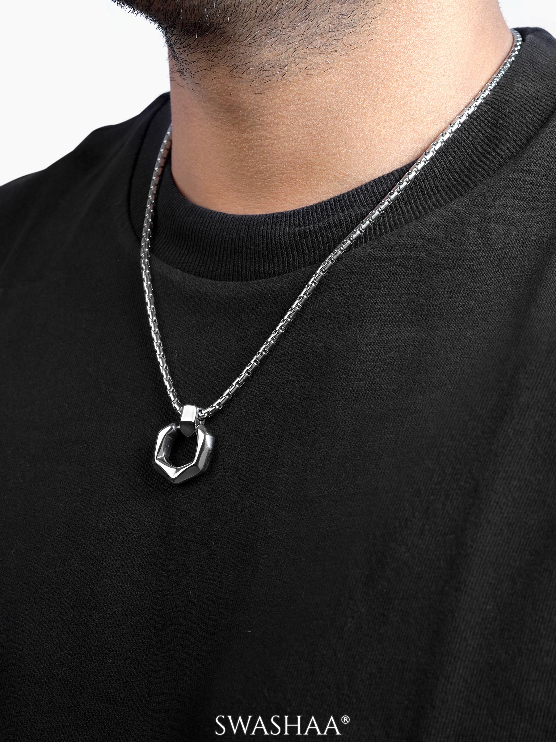 Rion Geomatric Hexa Men's Silver Chain Pendant