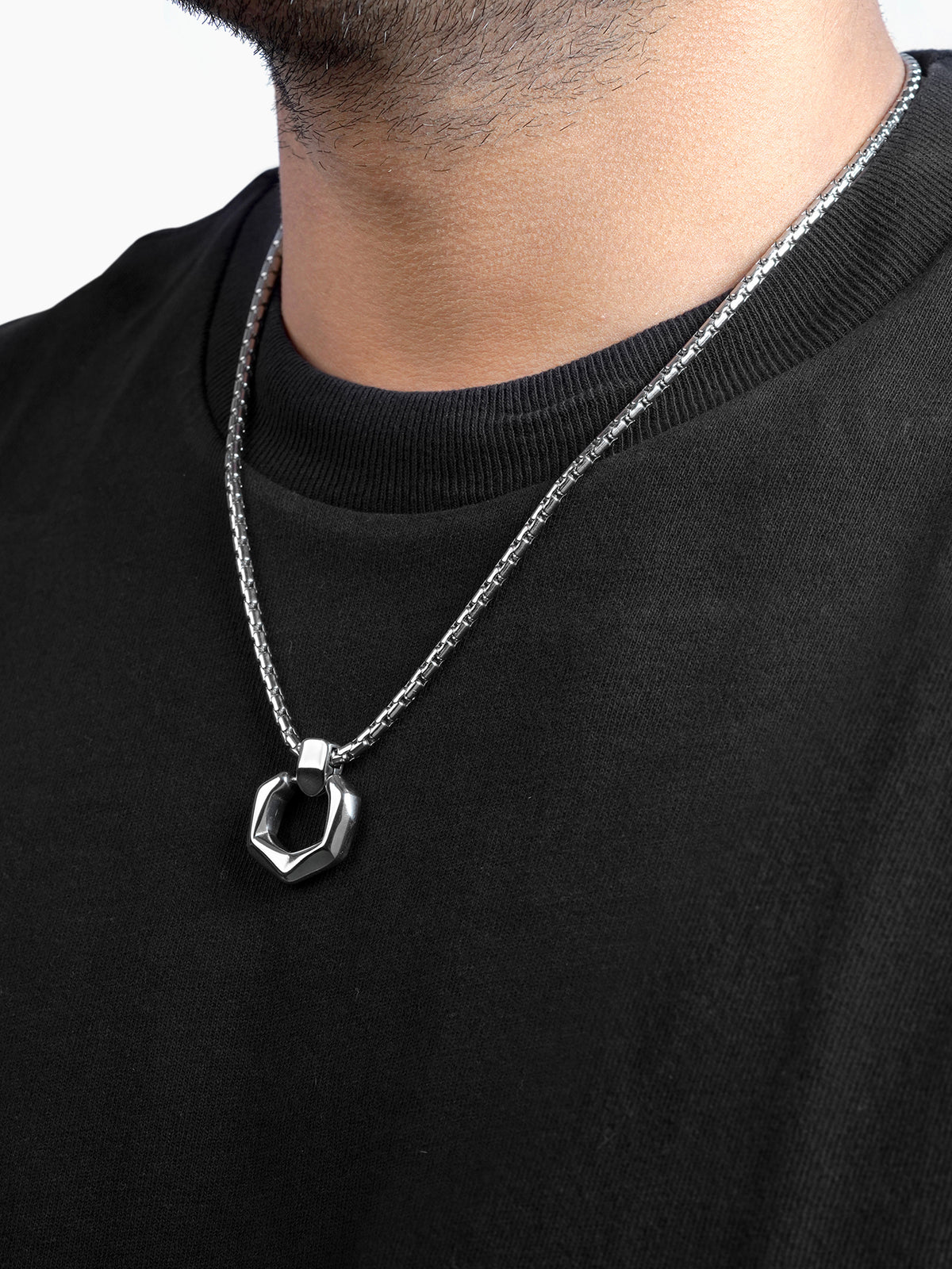 Rion Geomatric Hexa Men's Silver Chain Pendant