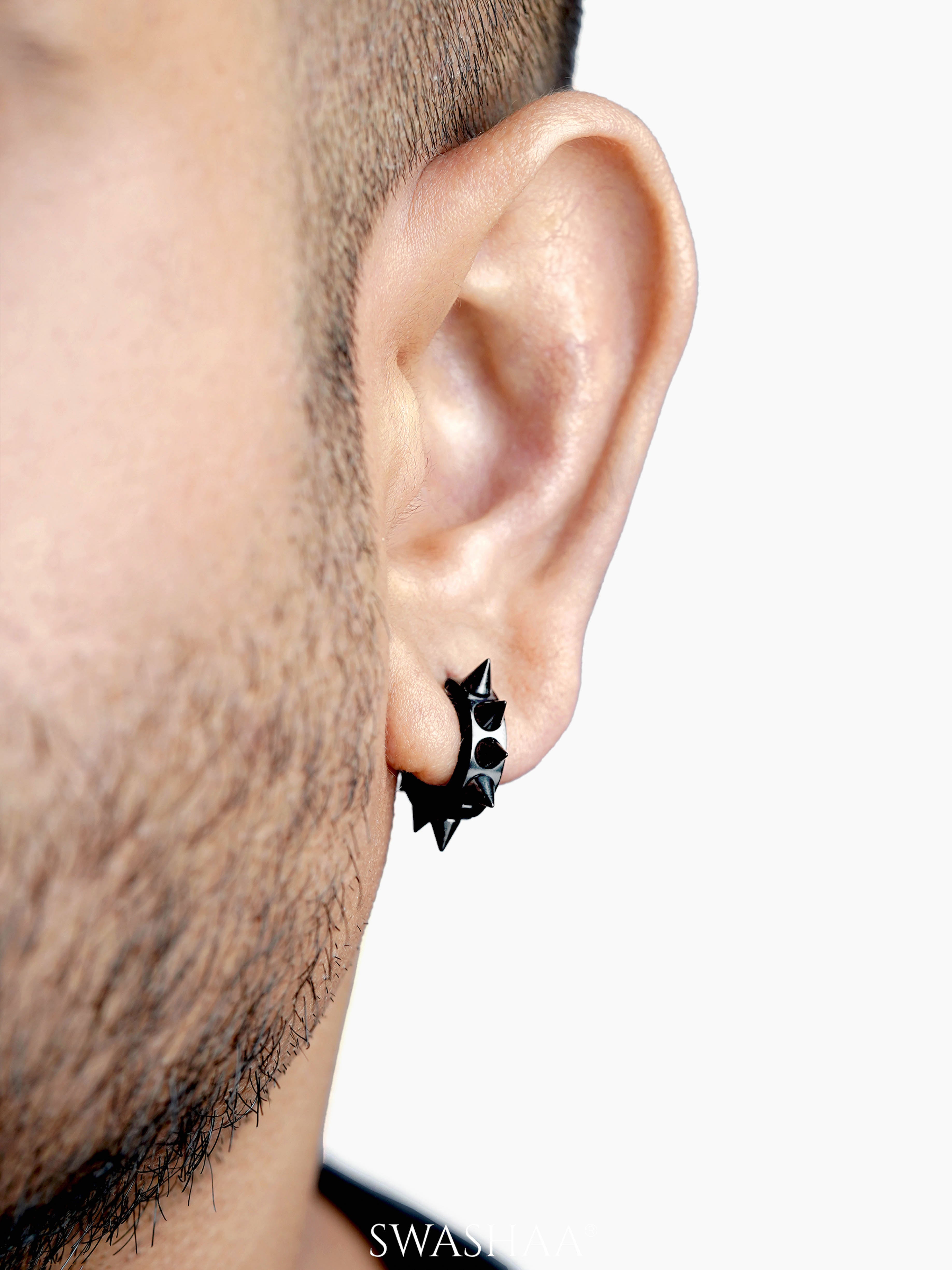 Riven Bold Spiked Black Men's Hoop Earrings