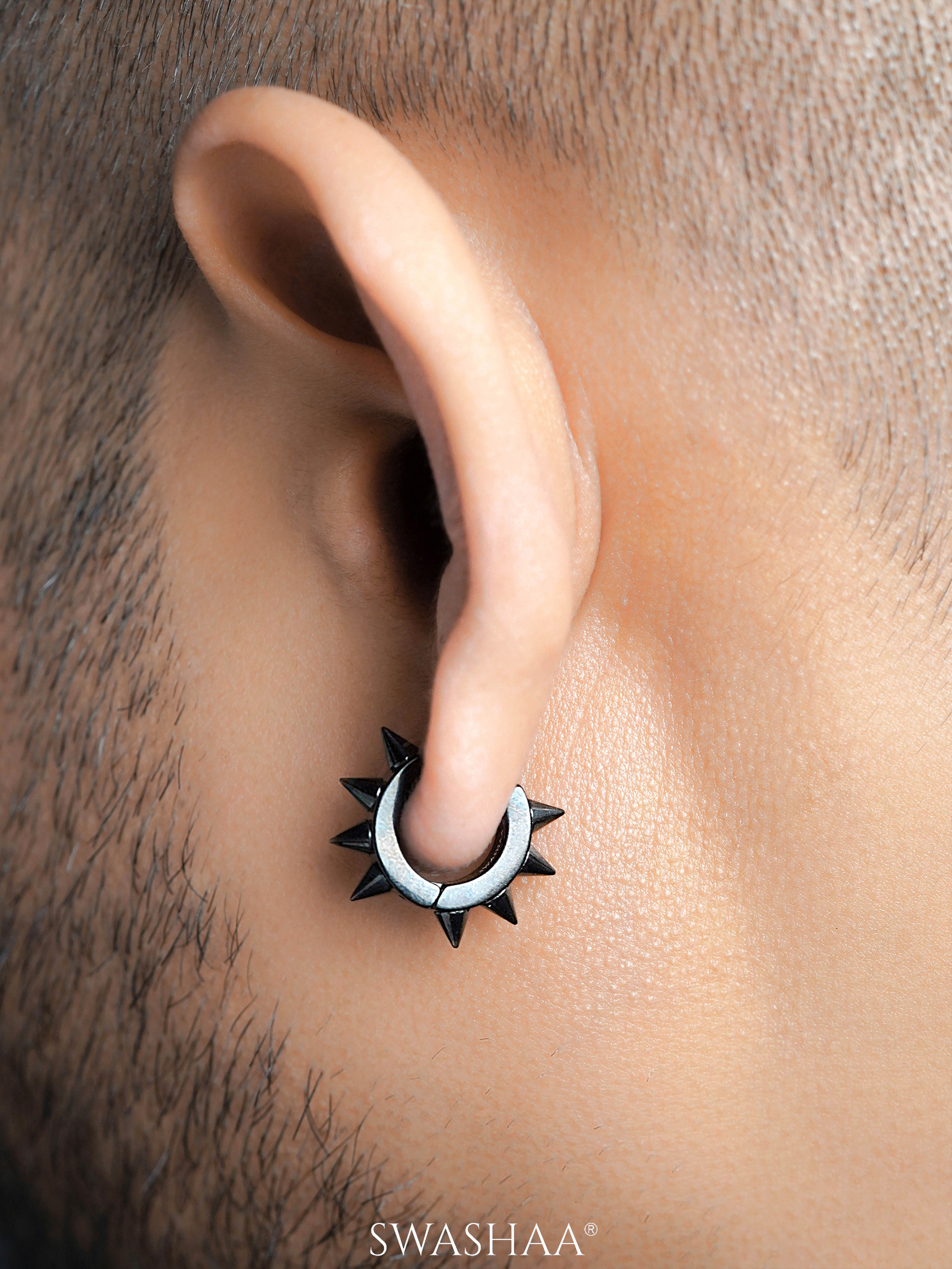 Riven Bold Spiked Black Men's Hoop Earrings