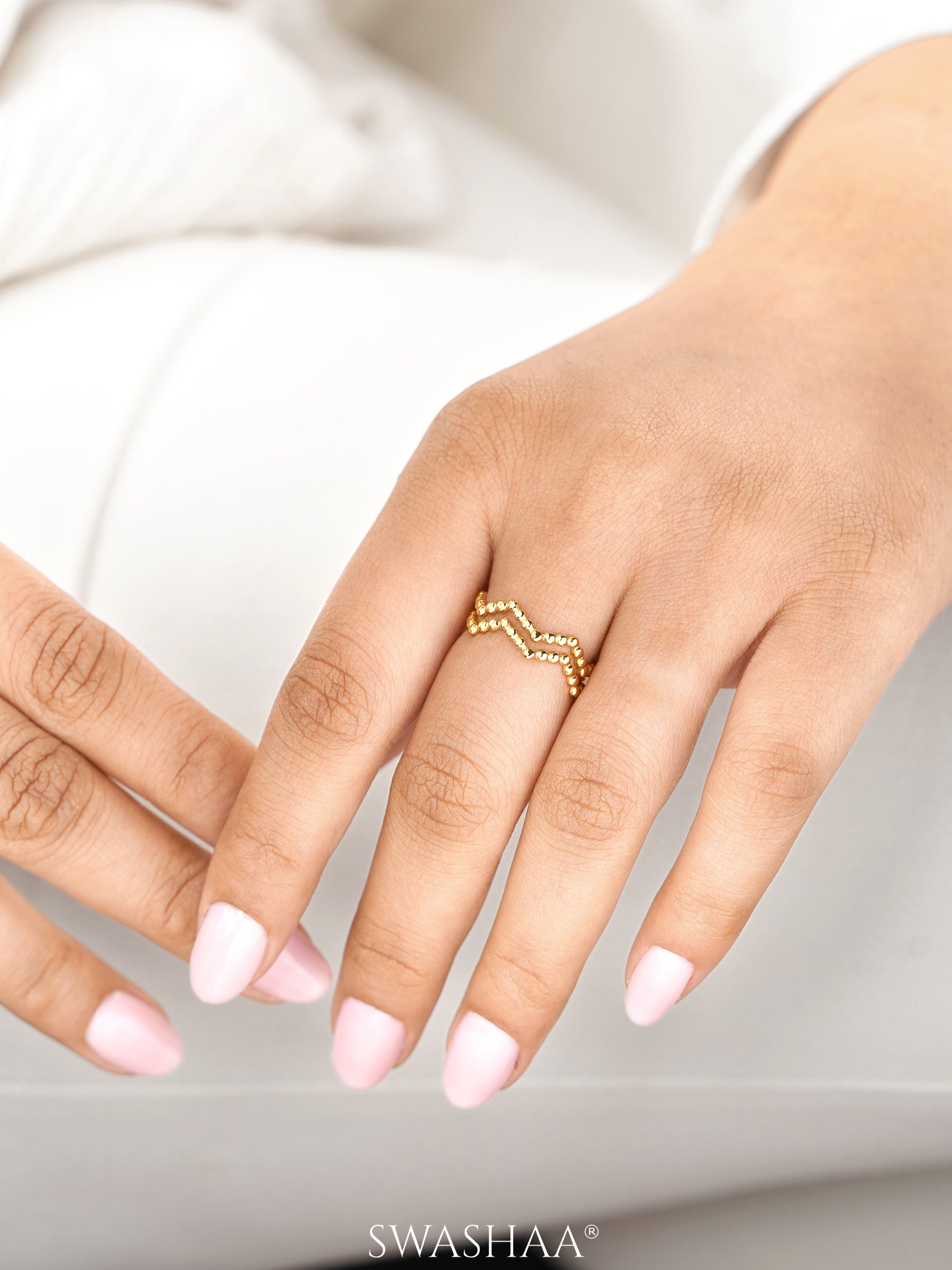 Riviera Wavey Beaded Adjustable18K Gold Plated Ring