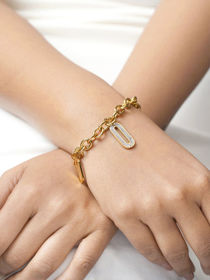 Roha Link Oval Shaped Dangling Diamond Charms 18K Gold Plated Bracelet