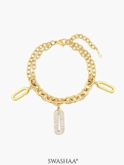 Roha Link Oval Shaped Dangling Diamond Charms 18K Gold Plated Bracelet