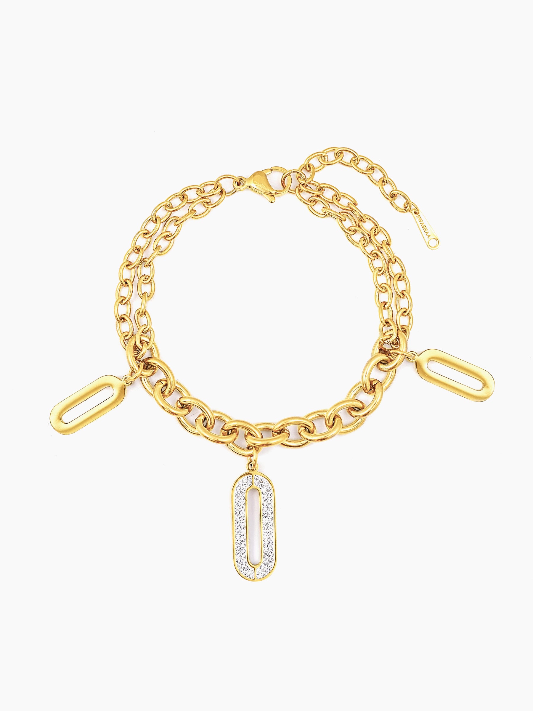 Roha Link Oval Shaped Dangling Diamond Charms 18K Gold Plated Bracelet