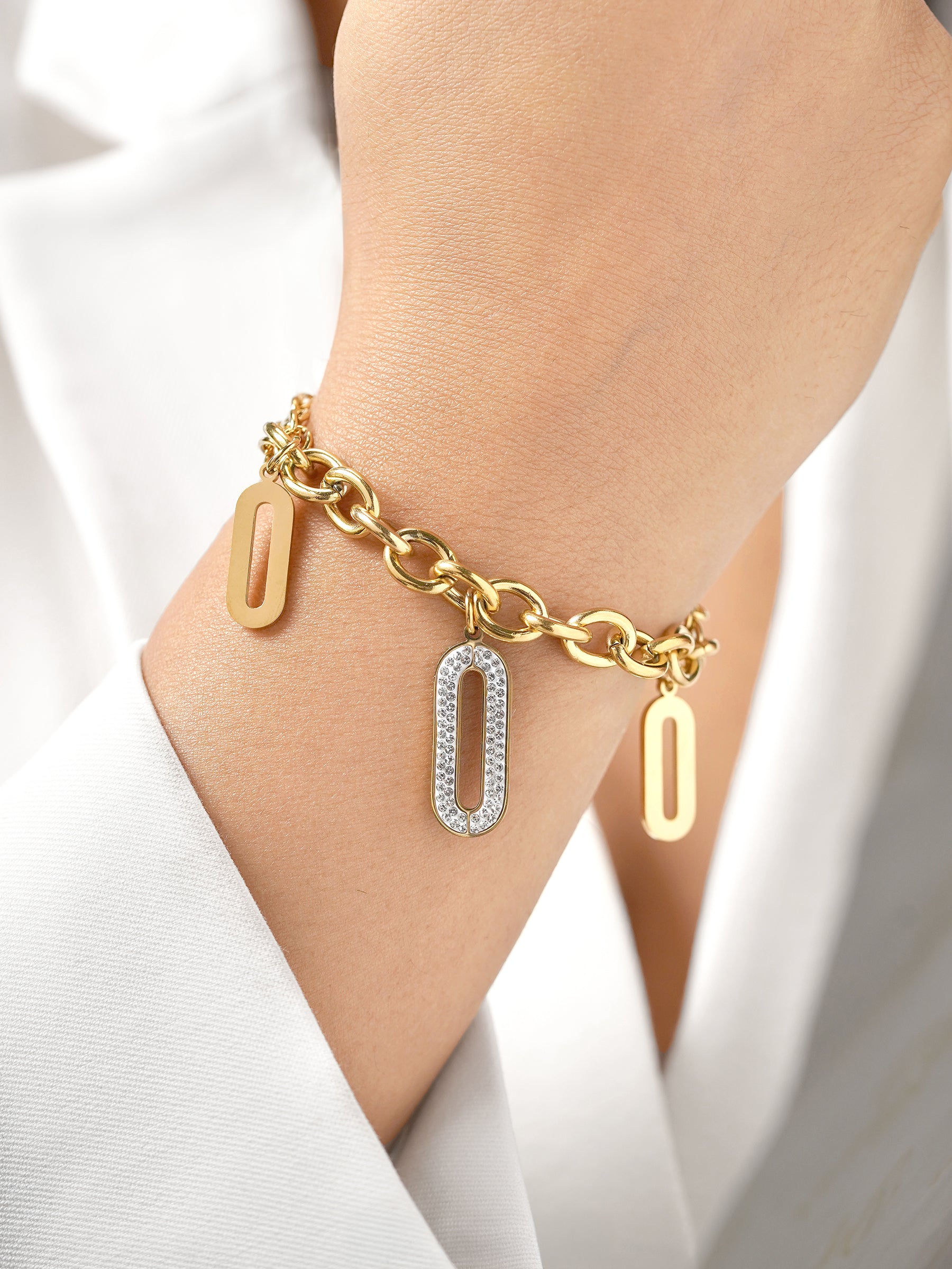 Roha Link Oval Shaped Dangling Diamond Charms 18K Gold Plated Bracelet