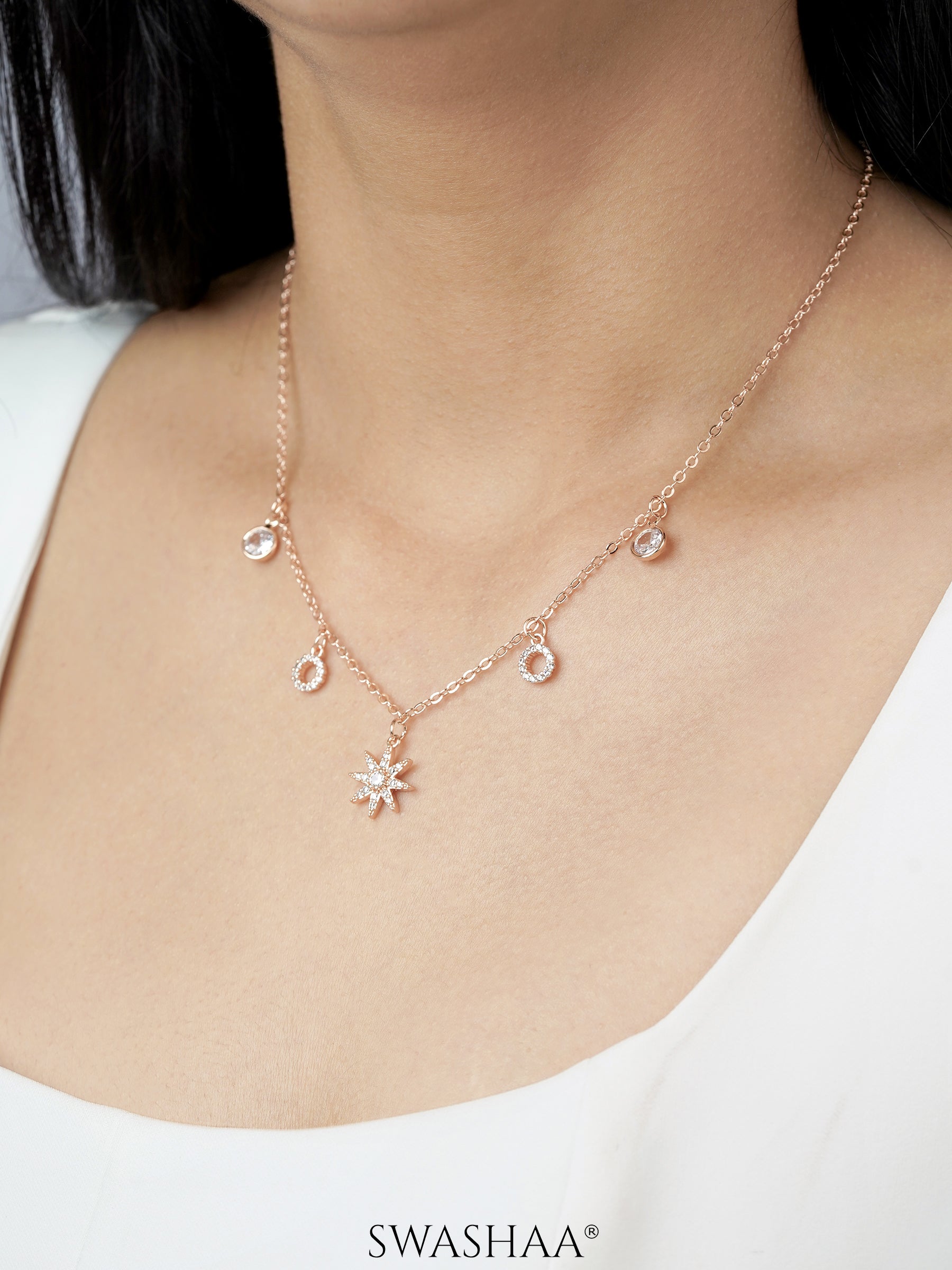 Rosa Starburst Charm Rosegold Plated Necklace