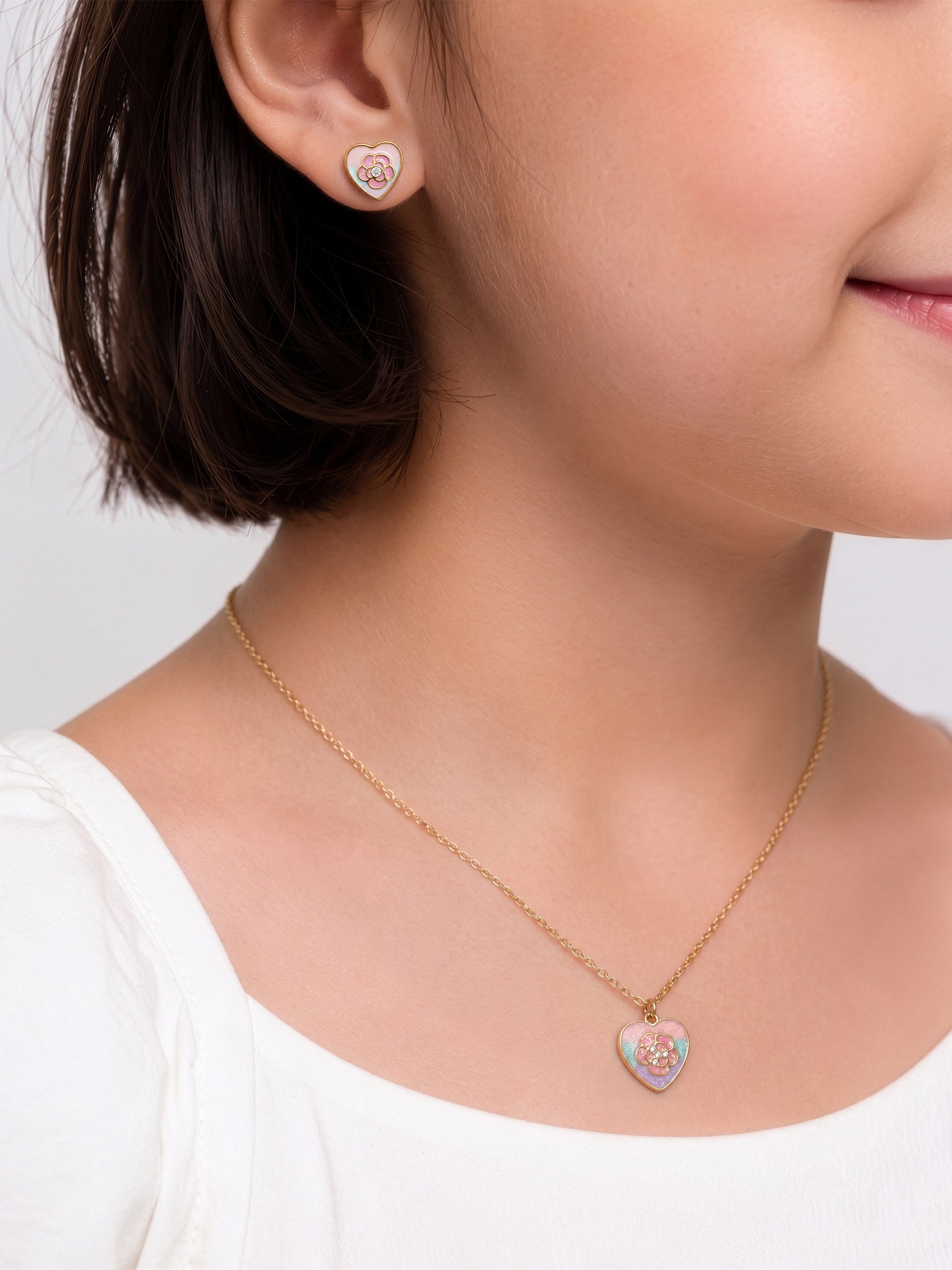 Rosy Bloom Heart Rose 18K Gold Plated Kid's Jewelry Set Of 2 - Necklace & Earrings