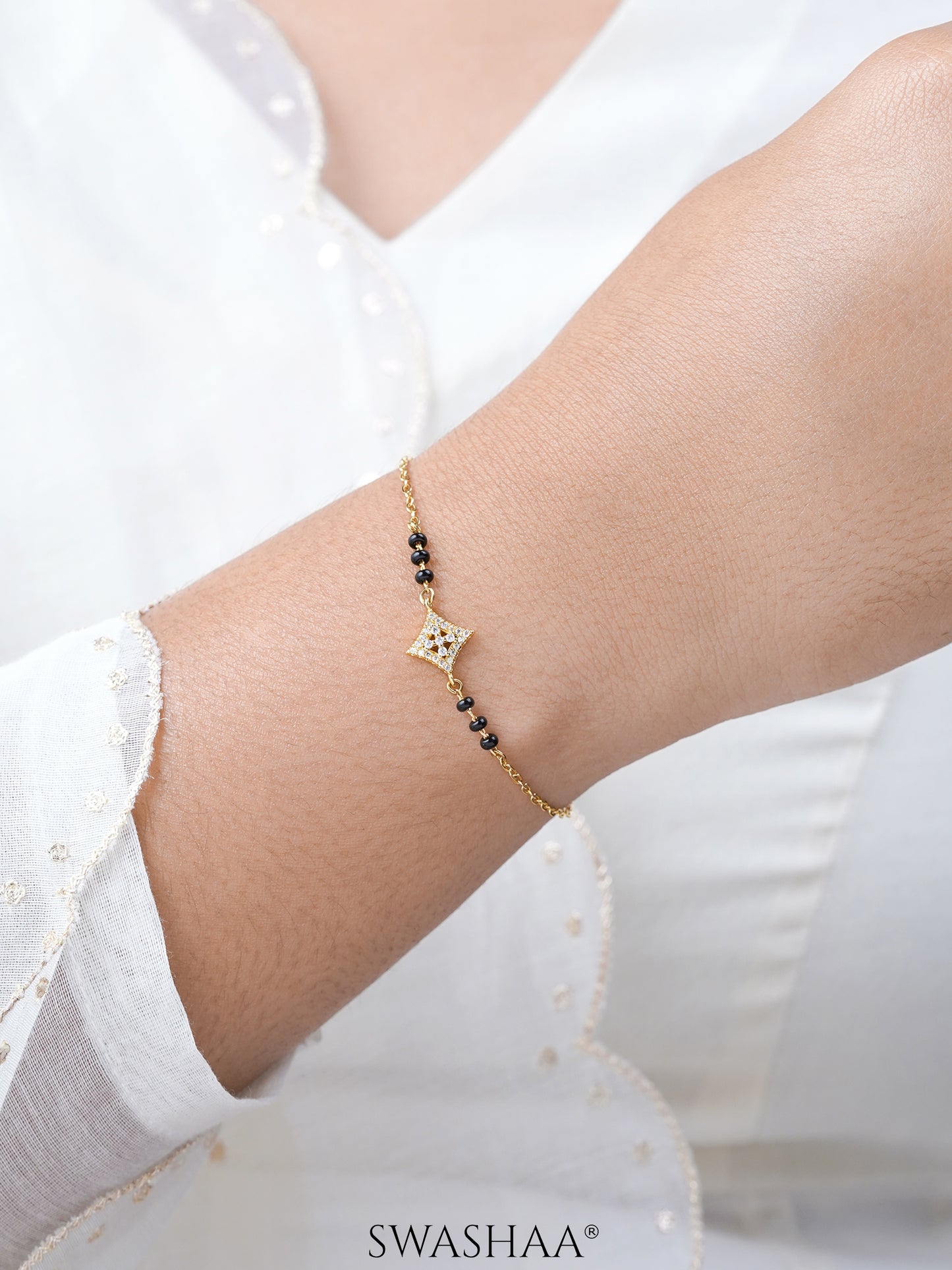 Ruhika Square Diamond Cluster Sparkling Charm 18K Gold Plated Mangalsutra Bracelet