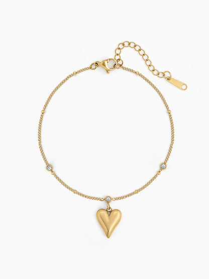 Rumi Heart Charm Chain Link Dot Bezel CZ Stones 18K Gold Plated Women's Anklet