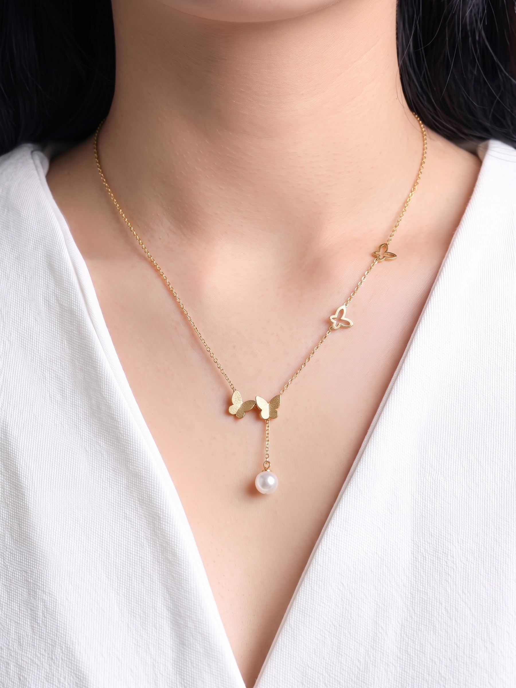 Rumiya Butterfly Pearl Drop 18K Gold Plated Women's Chain Pendant Necklace
