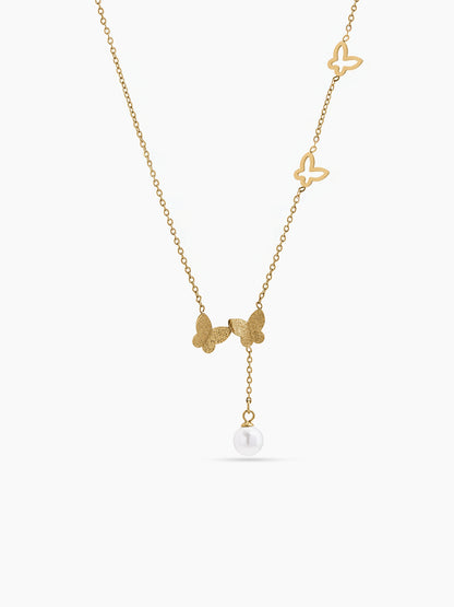 Rumiya Butterfly Pearl Drop 18K Gold Plated Women's Chain Pendant Necklace
