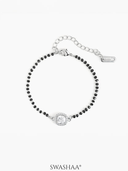 Ruvina Solitaire Halo Black Beads Silver Mangalsutra Bracelet
