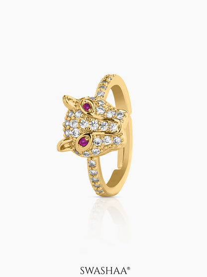 Sabyaa Leopard Face Ruby-red Diamond 18K Gold Plated Ring