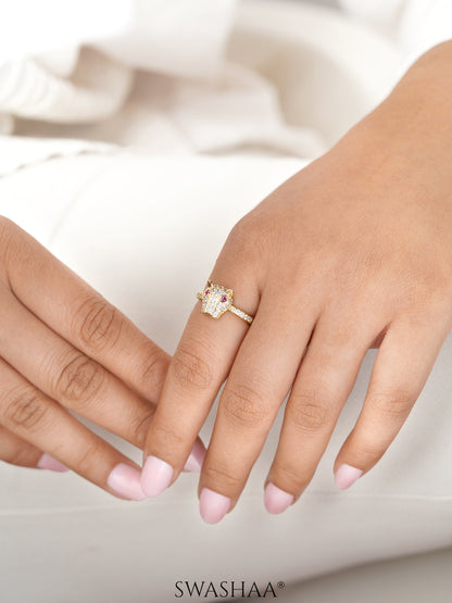 Sabyaa Leopard Face Ruby-red Diamond 18K Gold Plated Ring