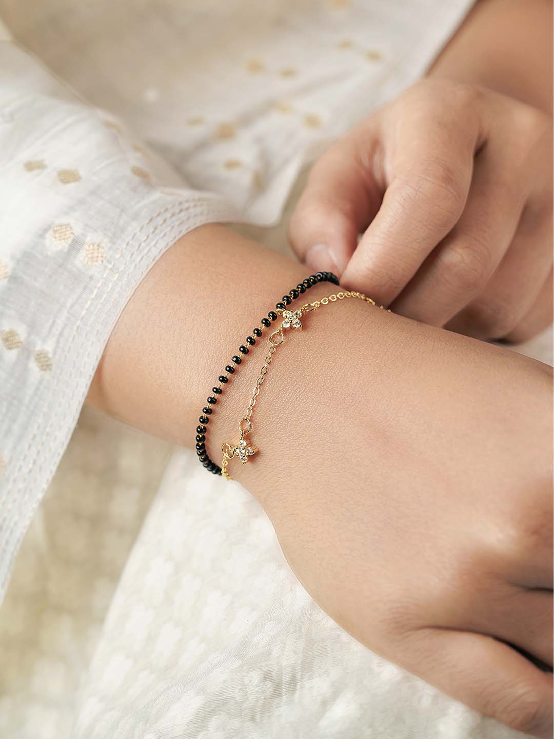 Saira Sparkling White Shaped Charms 14K Gold Plated Mangalsutra Bracelet