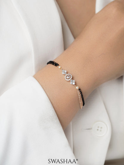 Sakhi Sparkling Diamonds Flower Charm Double Layered Rosegold Plated Mangalsutra Bracelet