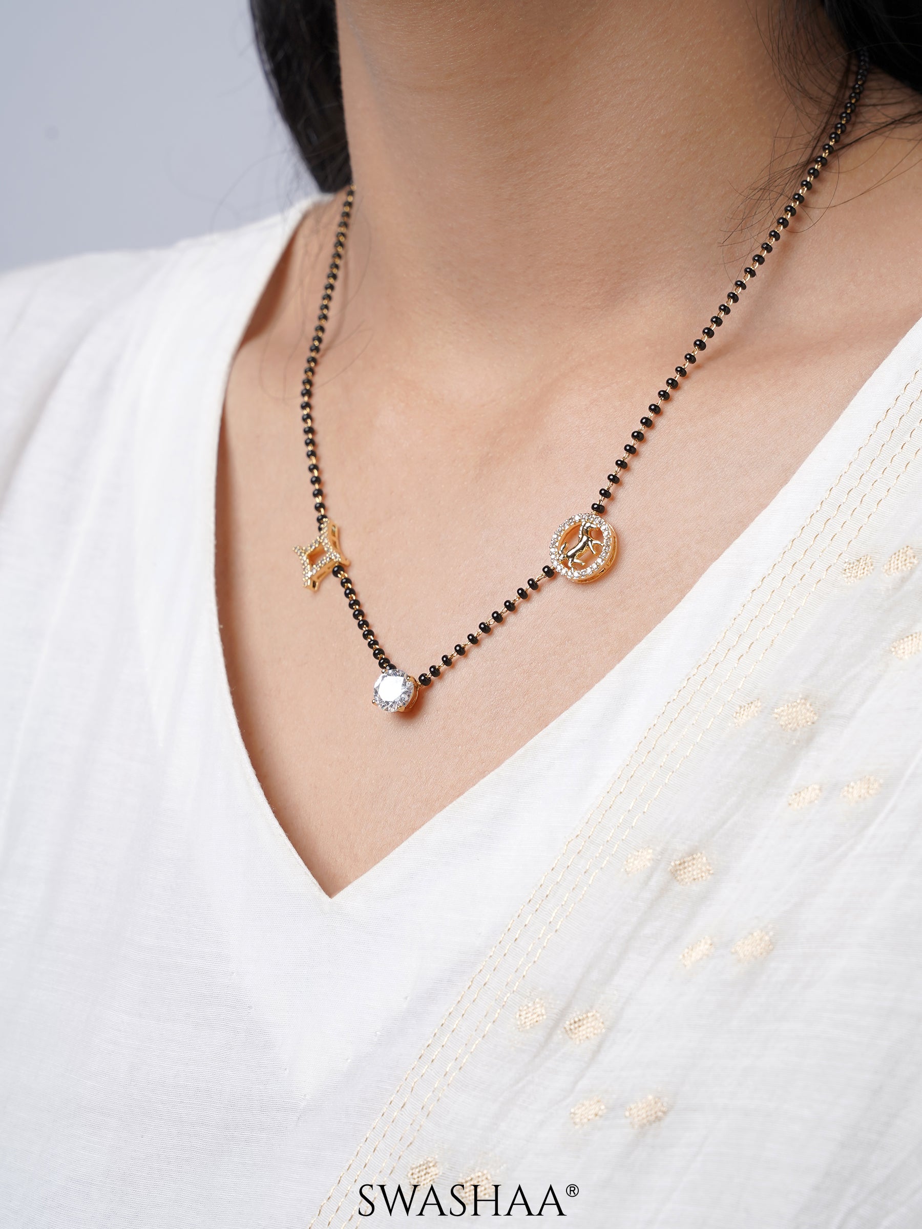 Samaa Sparkling Crystal Charm Diamond Circular Motif 18K Gold Plated Mangalsutra